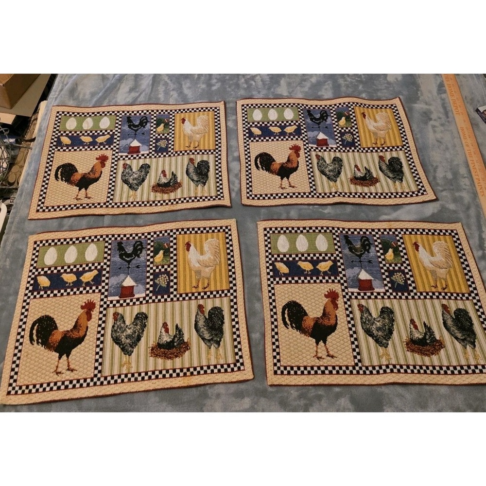 Set of 4 Rooster Chicken Placemats Farmhouse Country Kitchen Table Mats Woven